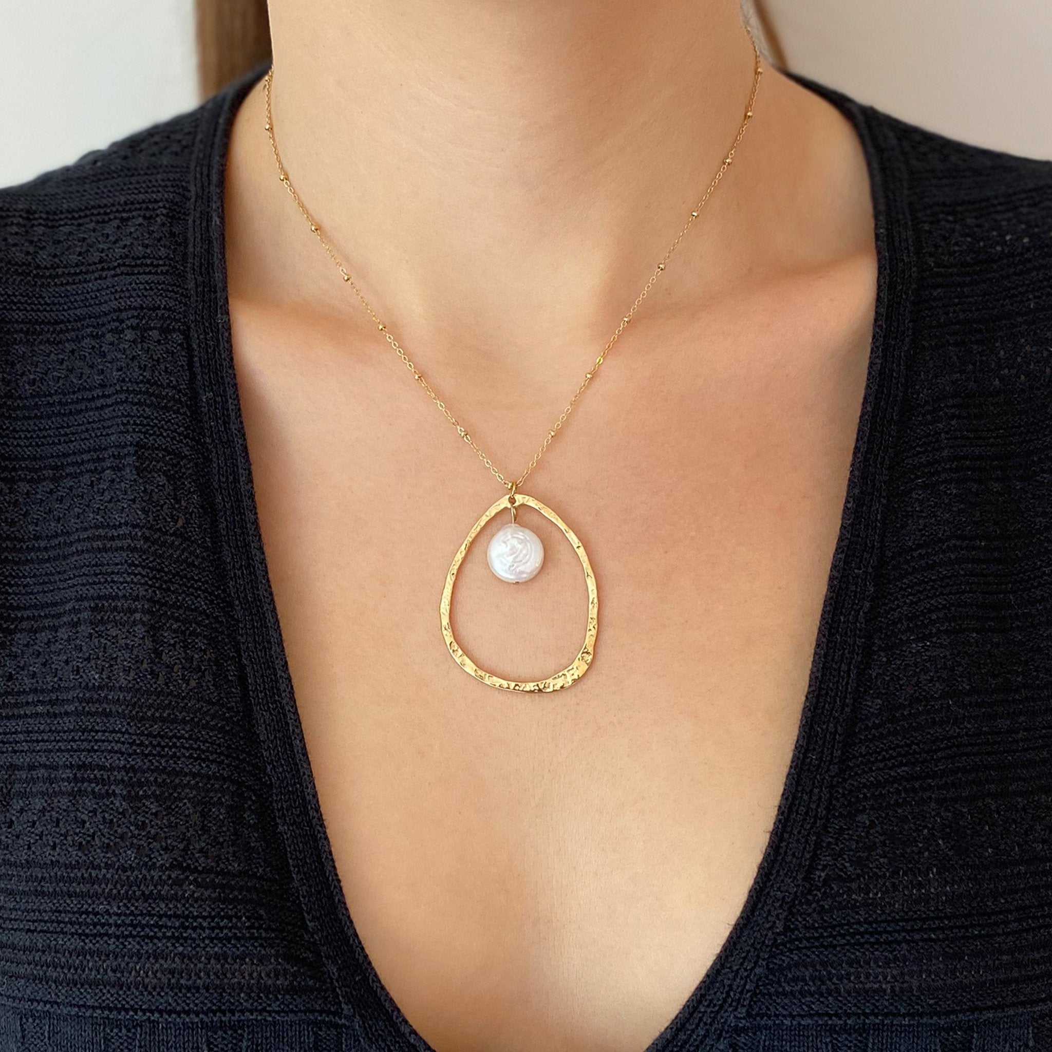 רוני קהאן שרשרת דיאן זהב אליפסה בשילוב פנינה